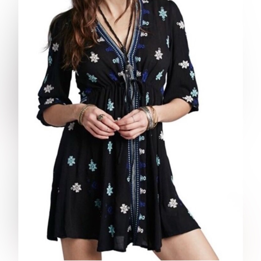 Free people black blue embroidery stargazer mini dress XS